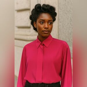 Vintage Bianca 100% Silk Blouse Hot Pink Fuchsia Oversized Gold Button Size 12